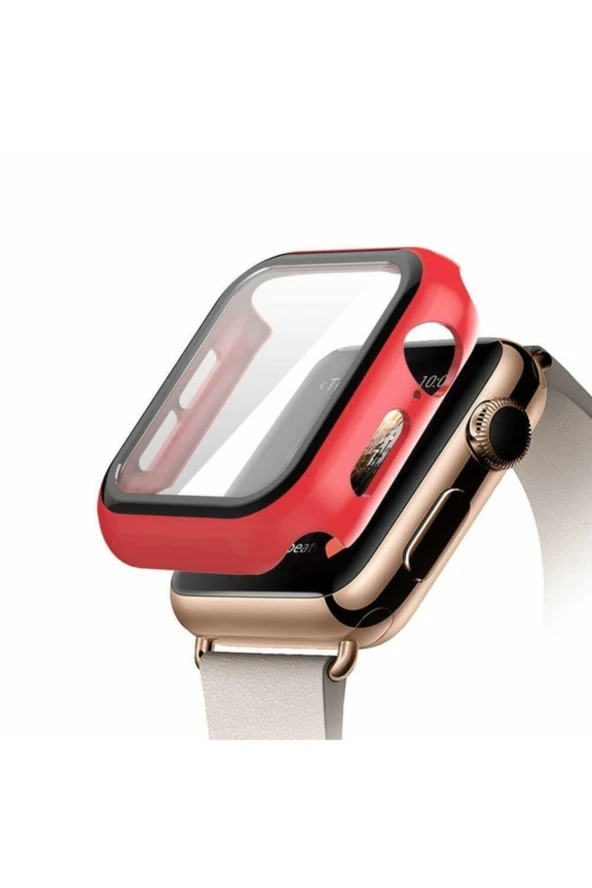 Apple Watch 40mm Için Tpu Çerçeveli Ekran Koruyuculu Ön Çerçeve Kılıf Kırmızı ürün görseli
