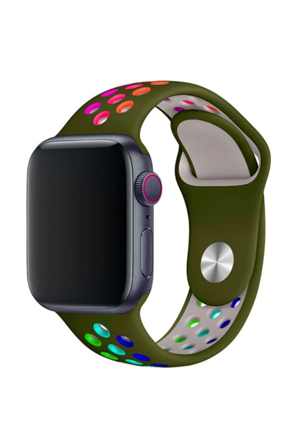 Apple Watch 38 mm Uyumlu Delikli Spor Doublecolor Yeşil Kayış