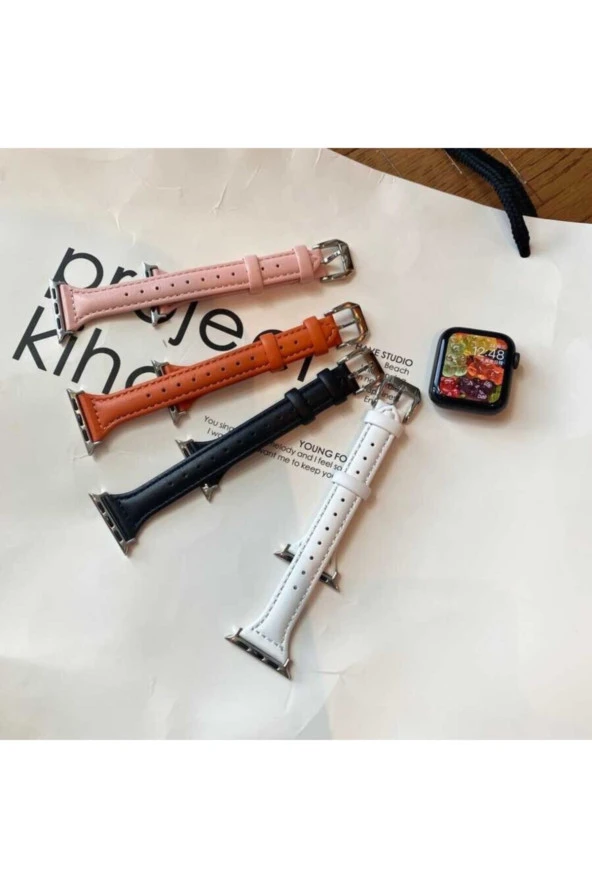 ??Apple Watch 44 mm Siyah Metal Tokalı Deri Kordon - Resim 3