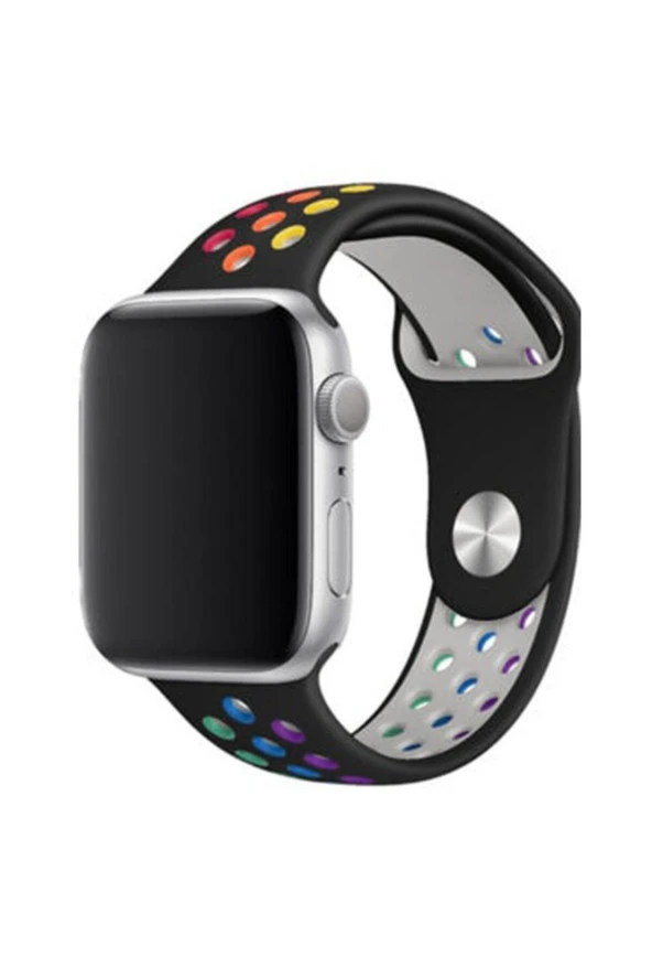 Apple Watch 38/40mm Delikli Spor Slikon Çok Renkli Kordon Siyah ürün görseli