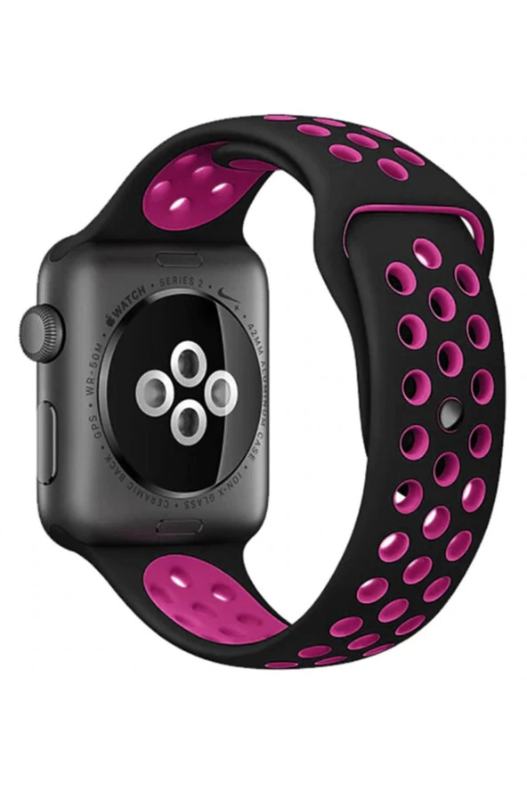 Apple Watch 4 3 2 1 Delikli Spor Kayış 44mm Siyah-pembe