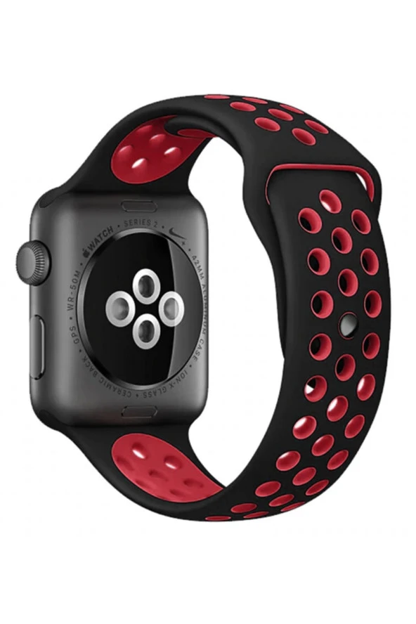 Apple Watch 4 3 2 1 Delikli Spor Kayış 42mm Siyah-kırmızı