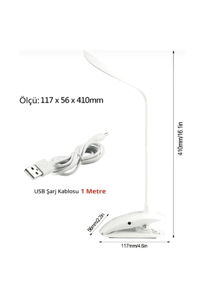Mandallı Aydınlatma Kitap Okuma Ve Başucu Masa Lambası Dokunmatik Şarjlı Led Işık Beyaz - 4