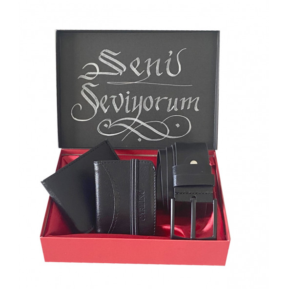 Erkek Siyah Deri Cüzdan Kemer Ve Tesbih Hediye Seti