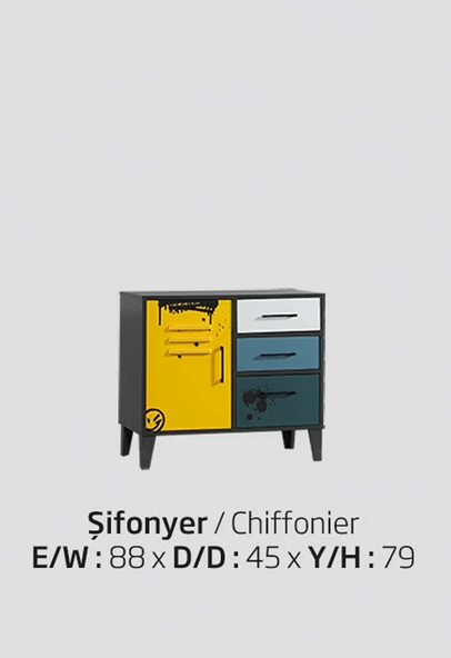 Şifonyer Urlu 13979 MİX SARI İnovasyon Üç Çekmece Dolaplı MAVİ-SARI Renk Uyum Yüksek Ayk - 2