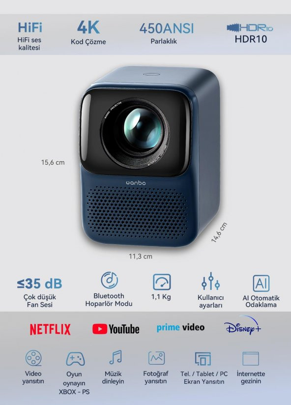 Wanbo T2 Max -YENİ- Android Projeksiyon Cihazı 450 ANSI Autofocus Dolby Audio - Gece Mavisi