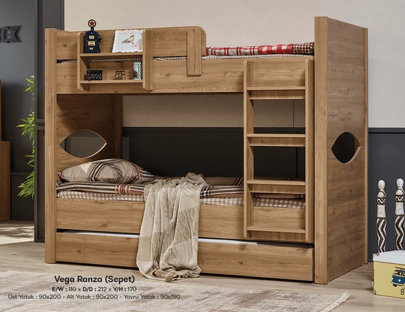 Ranza Urlu 10120 VEGA Yavrulu Karyola Açık Ceviz Renk DEMONTE İnovasyon ürün kutu sevk