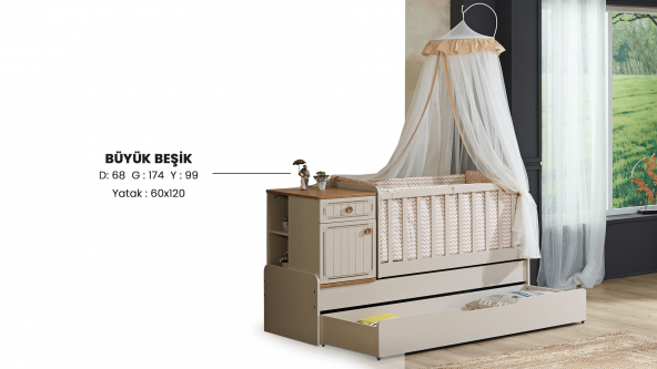 Takım Urlu 12080 EGE Model BEBEK Odası Büyük Sallamalı BEŞİK,Gardrop,Şifonyer El yapımı - 3
