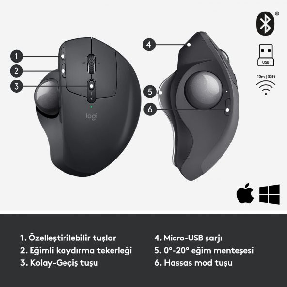 Logitech MX Ergo Kablosuz Konforlu Trackball Mouse - Siyah - 7