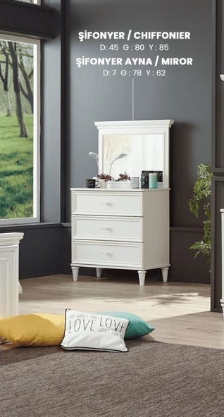 Şifonyer Ayna Urlu 12060 DREAM 3Çekmece BEYAZ Demonte Suntalam İtinalı paket kargo