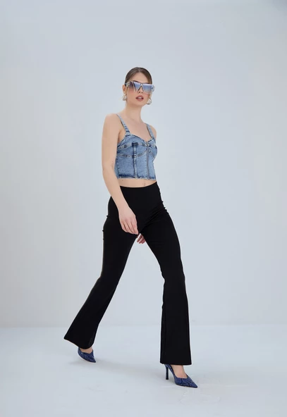 Çelik Örme Yüksek Bel İspanyol Paça Pantolon - Büyük Beden Seçeneği - 9