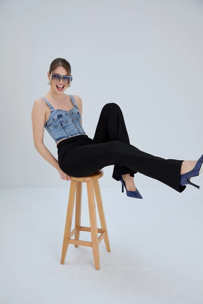 Çelik Örme Yüksek Bel İspanyol Paça Pantolon - Büyük Beden Seçeneği - 11