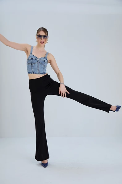 Çelik Örme Yüksek Bel İspanyol Paça Pantolon - Büyük Beden Seçeneği - 8