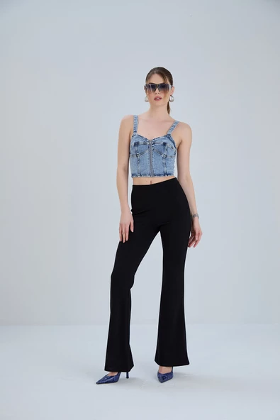 Çelik Örme Yüksek Bel İspanyol Paça Pantolon - Büyük Beden Seçeneği - 7