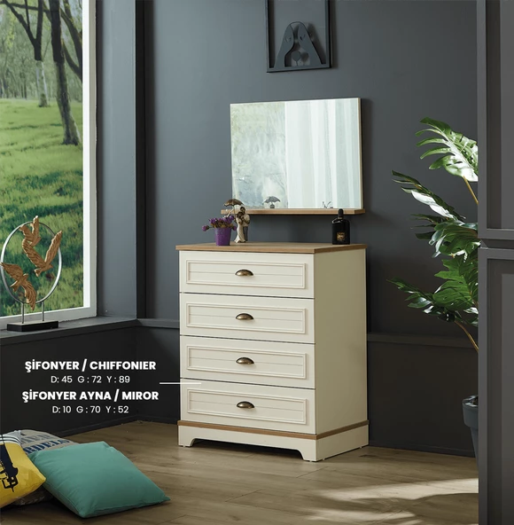 Aynalı Şifonyer Urlu 12031 ARTE Model 4 Çekmece Beyaz Renk Kaliteli Suntalam Kutu sevk