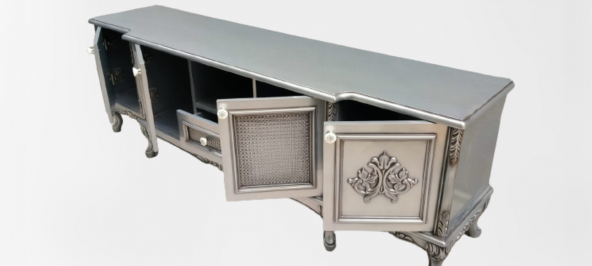 Tv Sehpa 11098 ST Lüx Hasır Model Kayın Aslan Ayak Oyma Gri Gölge Varak El Yapım - Resim 5