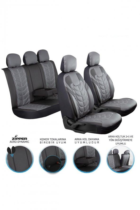 Renault Megane 3 Lüks Deri Oto Koltuk Kılıfı CLASYY Model Ön Arka Set FÜME SİYAH - 2