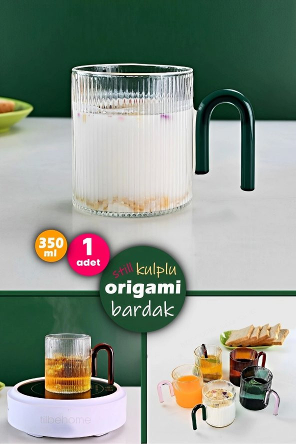 Çizgi Stil Kulplu Origami Bardak Kahve Sunum Bardağı Meşrubat Kokteyl Borosilikat 350ml Bardak