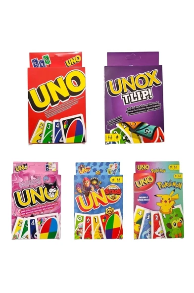 Uno + Unox Tlip + Kuromi Uno + Pokemon Uno + Brawl Stars Uno Oyun Kartları - 5 li Set