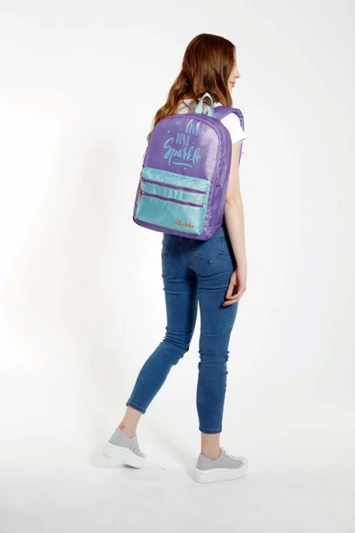 Kaukko Sparkle Koyu Lila Okul Sırt Çantası - Simli Kumaş - Ortaokul Lise Günlük - 3