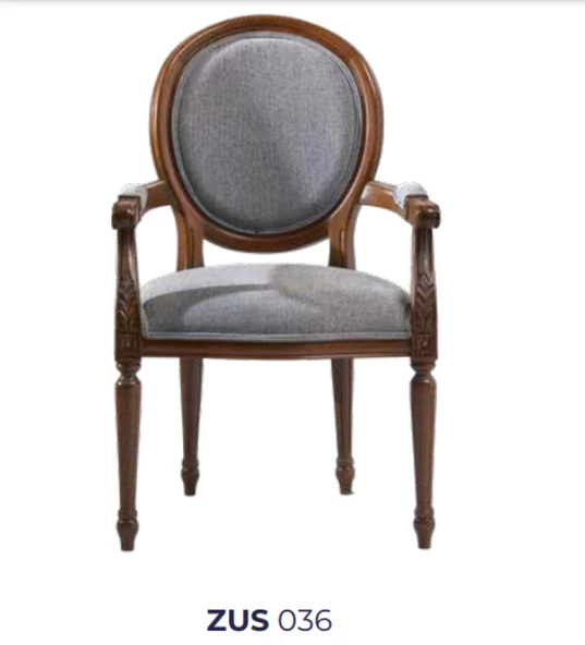 Sandalye 19773 Zus036 Model kolçak oyma Madalyon Model Gri Kumaş Ceviz El yapım - 6