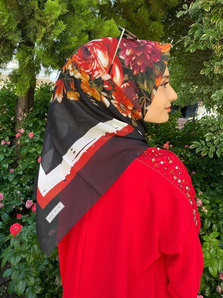 Aker Sport Angel Geometrik Çiçek Desenli Yazlık Eşarp 7800  SİYAH