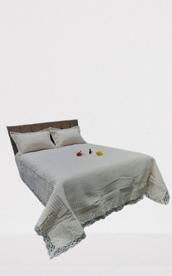 Yatak Örtüsü 19687 Zümrüt Çift Kişilik Dantelli Krem %80 Pamuk El Yapım - 4