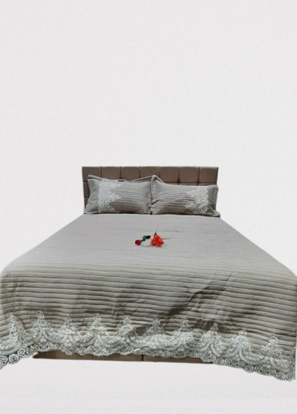 Yatak Örtüsü 19687 Zümrüt Çift Kişilik Dantelli Krem %80 Pamuk El Yapım - 6