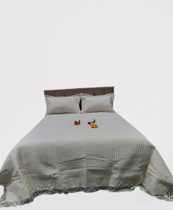 Yatak Örtüsü 19687 Zümrüt Çift Kişilik Dantelli Krem %80 Pamuk El Yapım - 7