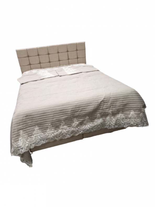 Yatak Örtüsü 19687 Zümrüt Çift Kişilik Dantelli Krem %80 Pamuk El Yapım