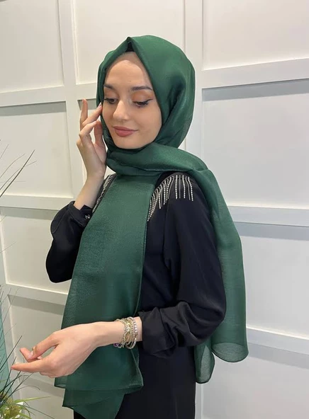 Siyane Scarf Tül Görünümlü Şal - Pırlanta Abiye Düğünlük Şal 00790  ZÜMRÜT - Resim 2
