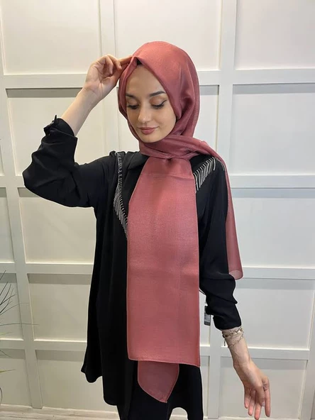 Siyane Scarf Tül Görünümlü Şal - Pırlanta Abiye Düğünlük Şal 00790  GÜL KURUSU - 2