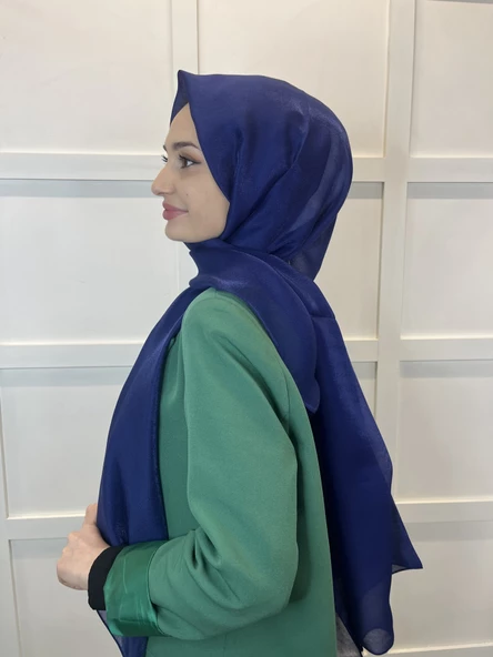 Siyane Scarf Tül Görünümlü Şal - Pırlanta Abiye Düğünlük Şal 00790  LACİVERT - Resim 2