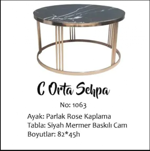 Brc 19454 Orta Sehpa C Siyah Mermer Temper Cam Metal ROSE Kaplama Ayak El Yapım