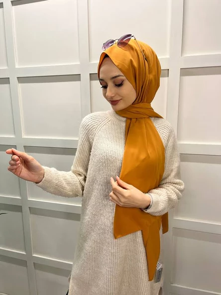 Siyane Scarf Medine İpeği Şal 00737  HARDAL - Resim 2