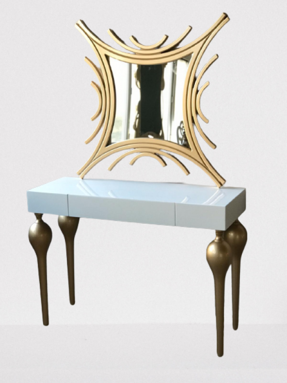 Dresuar 18468 TOMBUL model Kayın ayak MDF Çekmec tabla Parlak GOLD-beyaz uyum - 3