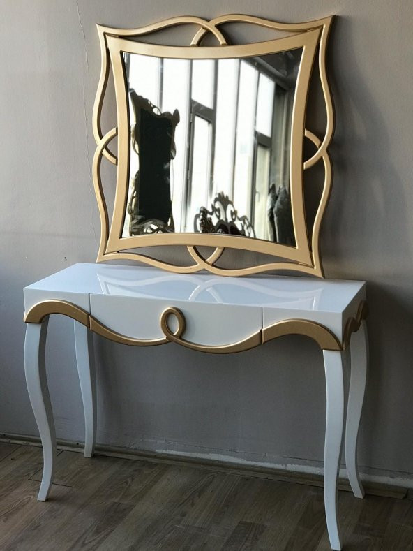 Dresuar 18214 TOMBUL AYAK model Kayın Torna MDF Çekm tabla Parlak GOLD-beyaz Ayna