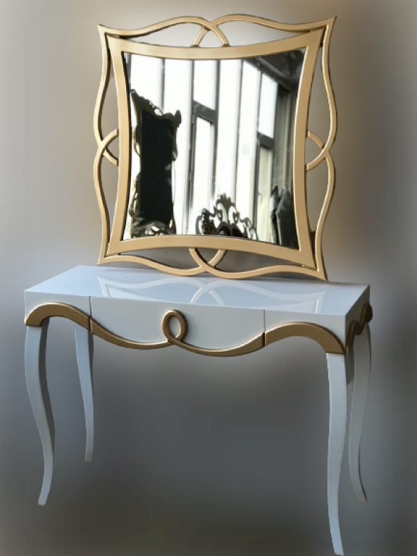 Dresuar 18183 TOMBUL AYAK model Kayın Torna MDF Çekm tabla Parlak GOLD-beyaz uyum - 5