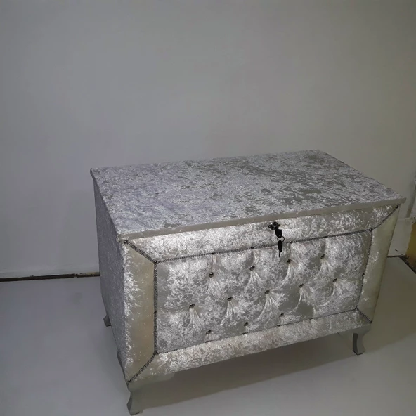 Çeyiz 18152 SANDIK Kapitone Büyük Model KREM Kadifemsi Kumaş İçi Tela El Yapım - 2