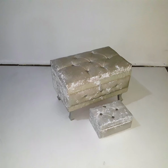 Çeyiz 18149 SANDIK Kapitone Model 3 lü KREM Kadifemsi Kumaş İçi Tela El Yapım - 3