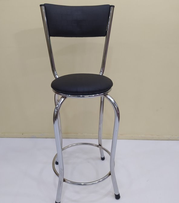 Sandalye 17868 BAR  Yüksek Model Siyah 1ad Metal Çelik nikelaj Suni Deri El Yapı