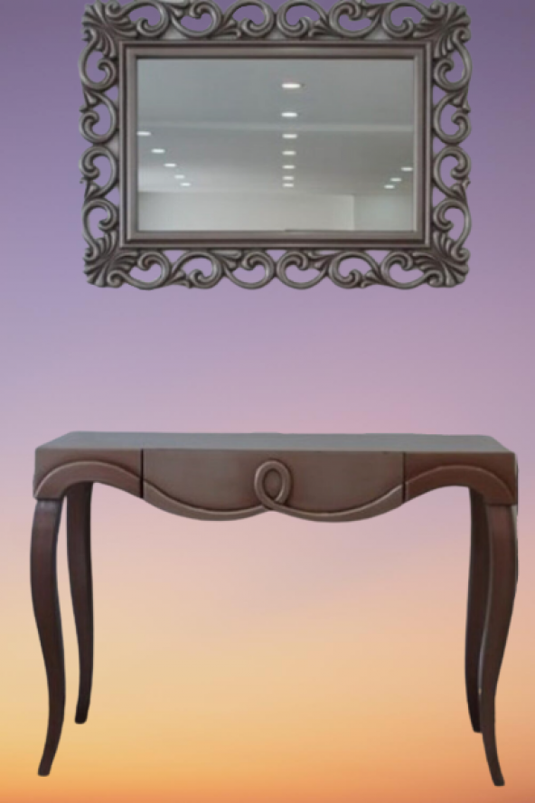 Dresuar 17739 CNC Kayın Aslan ayak eskitme GRİ MDF tabla nakış Ayna çerçeve Elyap - 4