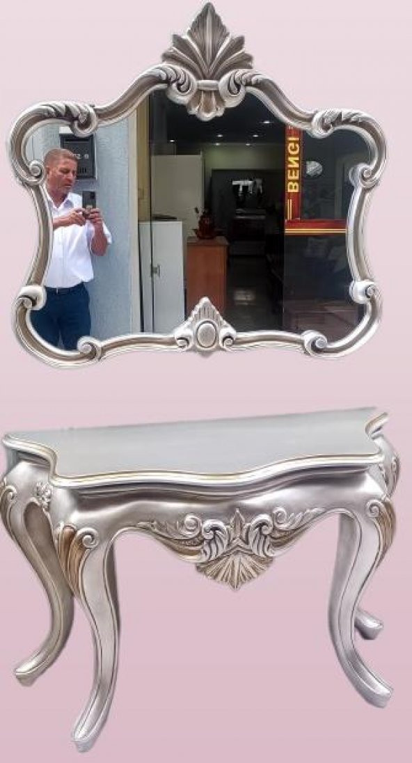 Dresuar 17737 ASLAN Polyester döküm eskitm GRİ-Kahve nakış Çerçev ayna El Yapım - 3