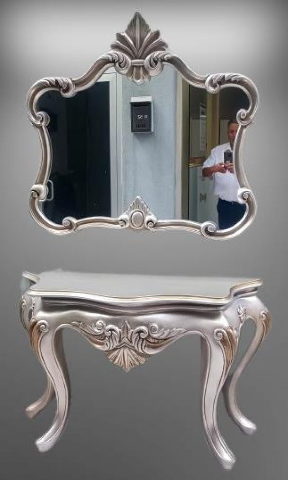 Dresuar 17737 ASLAN Polyester döküm eskitm GRİ-Kahve nakış Çerçev ayna El Yapım - 7