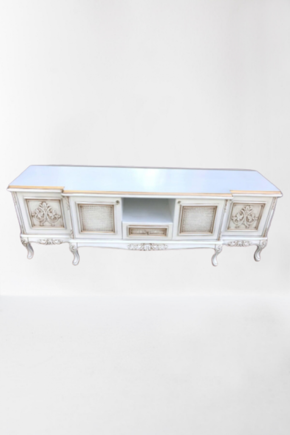 TV Sehpa ST 17694 Lüx Klasik Model Kayın ASLAN Ayak Oyma Hasır Gölge Beyaz Elyapı - Resim 2