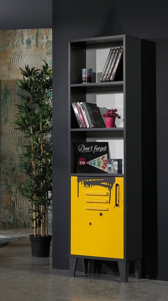 Kitaplık Urlu 17684 MİX SARI Model Dolaplı İki Raflı SARI GRİ Renk Yüksek Ayak El Yapım