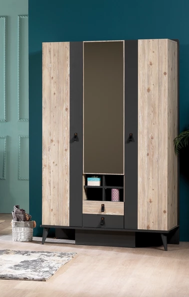 Dolap Urlu 13989 RODİSOHO Antrasit Model Beyaz 3Kapak Model Çekmece Raf Ayna El Yapım