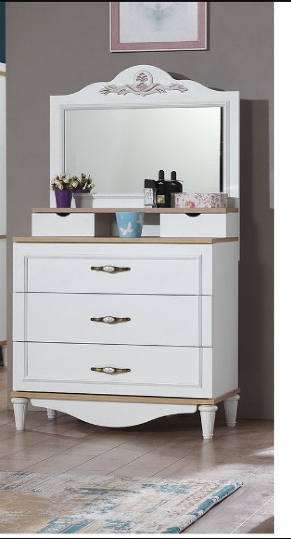 Şifonyer-ayna 14454 Urlu FLORA İNOVASYON Kayın torna kalite yüksek ayak Beyaz El Yapım