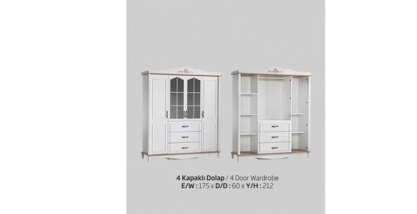 Dolap Urlu 14448 FLORA Model Kayın torna yüksek ayak beyaz 4kapı Kalite malzeme - 2