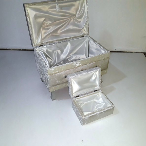 Çeyiz 17368 SANDIK Kapitone Model 3lü Set Krem Kadifemsi Kumaş İçi Tela El Yapı - 2